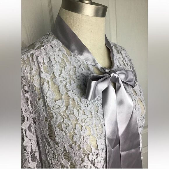 J. Peterman Satin Bow Necktie Open Front Silver Gray Lace Jacket Topper size 14 - Picture 2 of 7